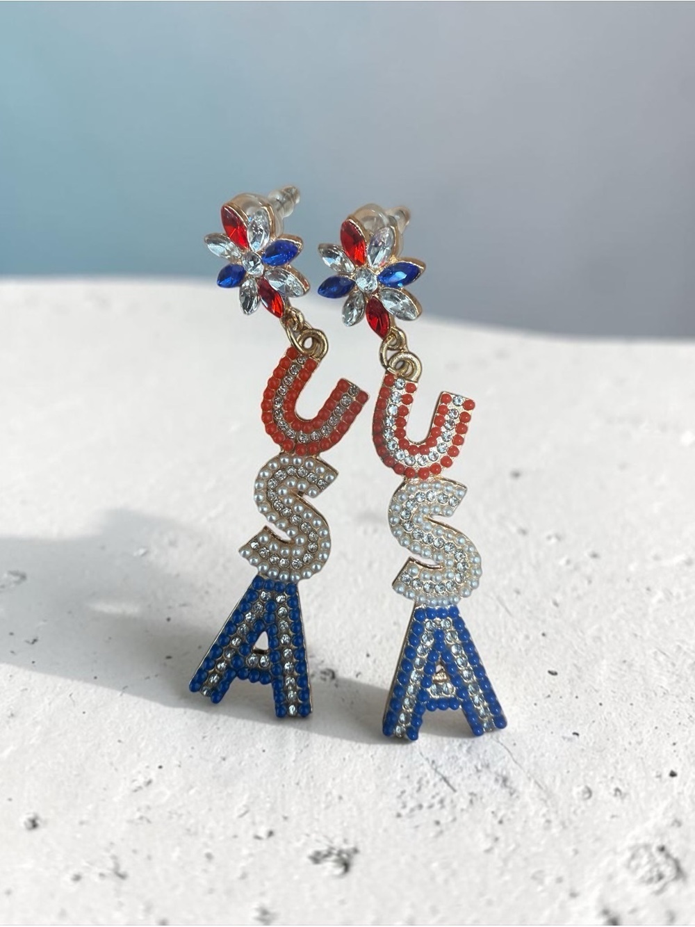USA Crystal Drop Earrings – Red White Blue Statement Jewelry